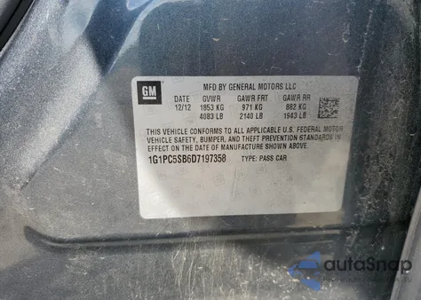 2013 Chevrolet Cruze Lt из США, поврежденный, VIN 1G1PC5SB6D7197358